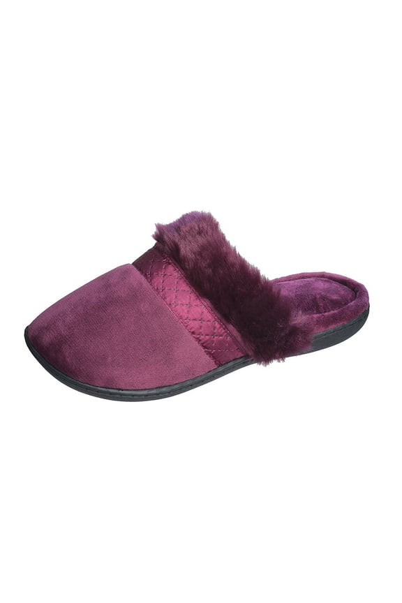 Woman's Velour Clog Slipper With Band and Plush Fur Trim (Small/5-6.5, Wine)