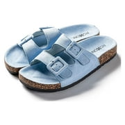 Roxoni Women Comfort Sandals Double Buckle Adjustable EVA Flat Slides Footbed Suede with Arch Support Non-Slip Blue