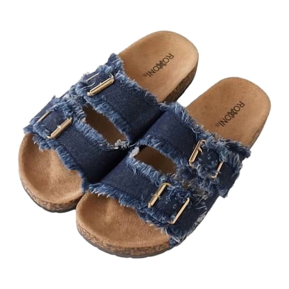 Roxoni Women's Comfort Flat Sandals Double Buckle Adjustable Straps Flat Slides Footbed Suede