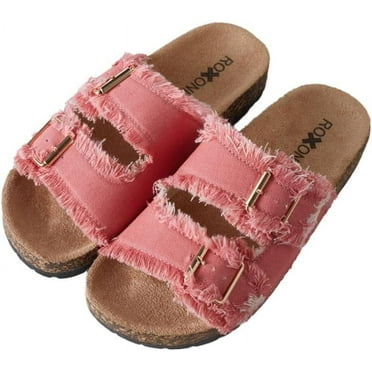 Roxoni Women's Comfort Flat Sandals Double Buckle Adjustable Straps Flat Slides Footbed Suede