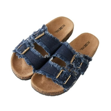 Roxoni Women's Comfort Flat Sandals Double Buckle Adjustable Straps Flat Slides Footbed Suede