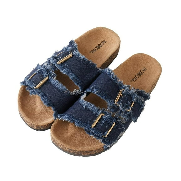 Roxoni Women's Comfort Flat Sandals Double Buckle Adjustable Straps Flat Slides Footbed Suede