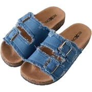 Roxoni Womens Comfort Flat Sandals Double Buckle Adjustable Straps Flat Slides Footbed Suede
