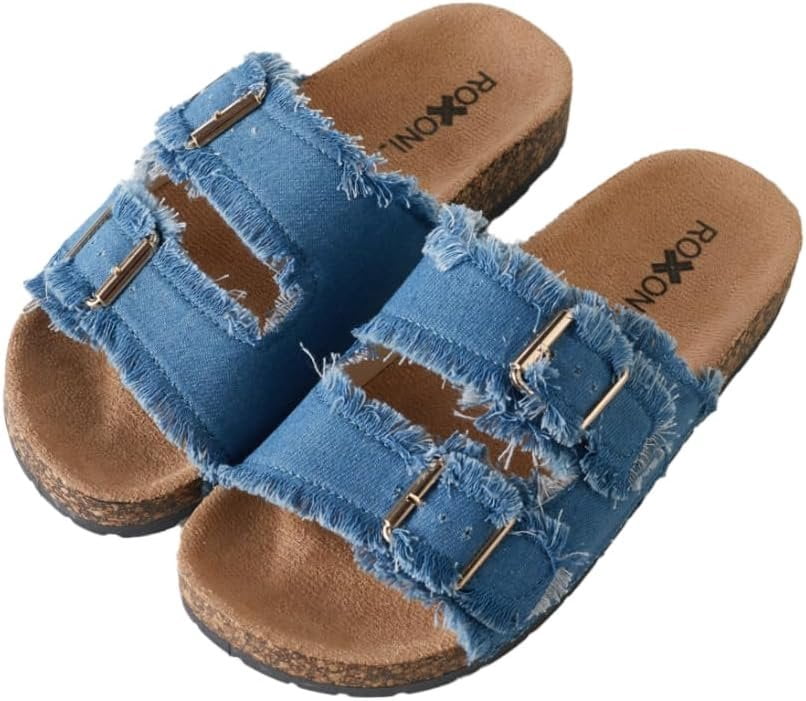 Roxoni Women’s Suede Slip-On Double Buckle Slide Sandals, Pink, Size 6