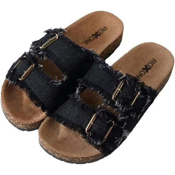 Roxoni Women's Comfort Flat Sandals Double Buckle Adjustable Straps Flat Slides Footbed Suede
