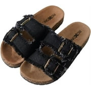 Roxoni Womens Comfort Flat Sandals Double Buckle Adjustable Straps Flat Slides Footbed Suede