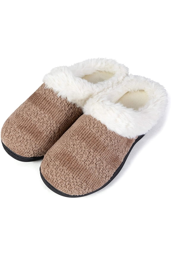 Womens Cozy Memory Foam Slippers, Fuzzy Warm Faux Fur, Indoor Outdoor Rubber Sole Beige