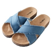 Roxoni Women s Cross Strap Slide Sandals Denim Open Toe Comfort Slippers Cork Footbed Casual Summer Indoor Outdoor Footwear