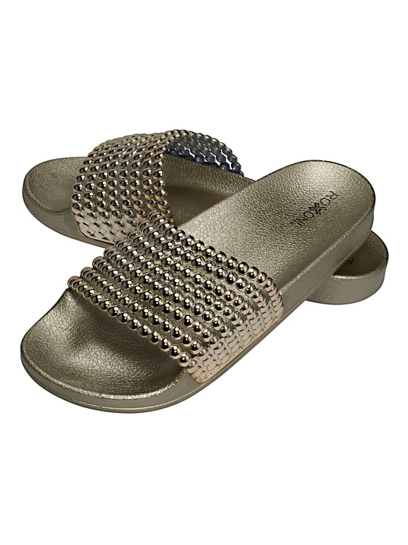Women's Flat Slide Sandals with Pearl Detail Strap, Indoor/Outdoor -sizes 6 to 11 -style #3102