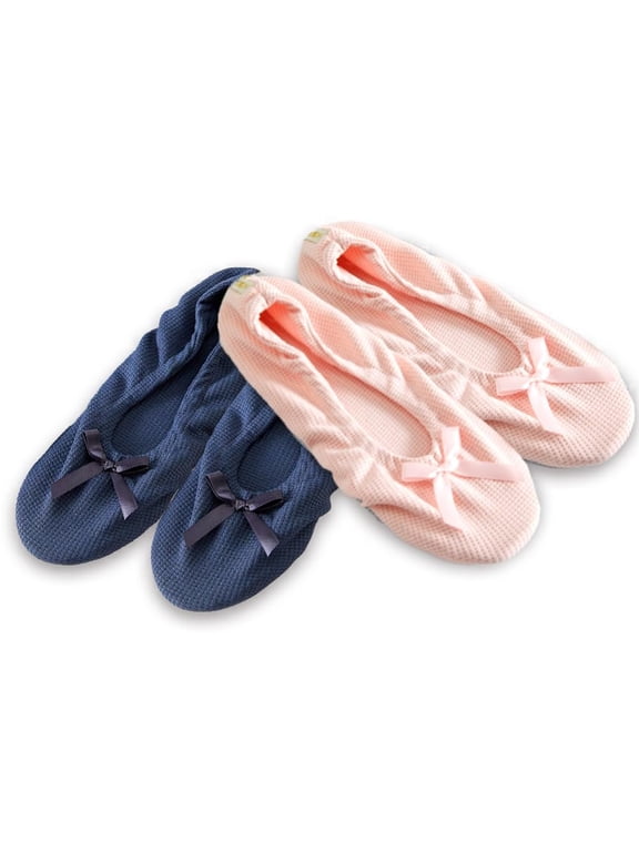 Women's Flat Slip On Terry Classic Cotton & Velour Ballerina Slippers Pack of 2