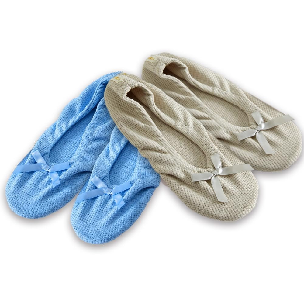 Roxoni Women's Flat Slip On Terry Classic Cotton & Velour Ballerina Slippers Pack of 2