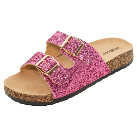 Roxoni Women's Gliters Comfort Flat Sandals Double Buckle Adjustable Straps Flat Slides Footbed Suede