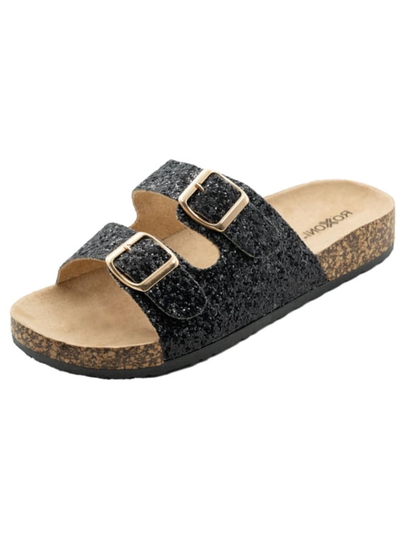 Women's Gliters Comfort Flat Sandals Double Buckle Adjustable Straps Flat Slides Footbed Suede