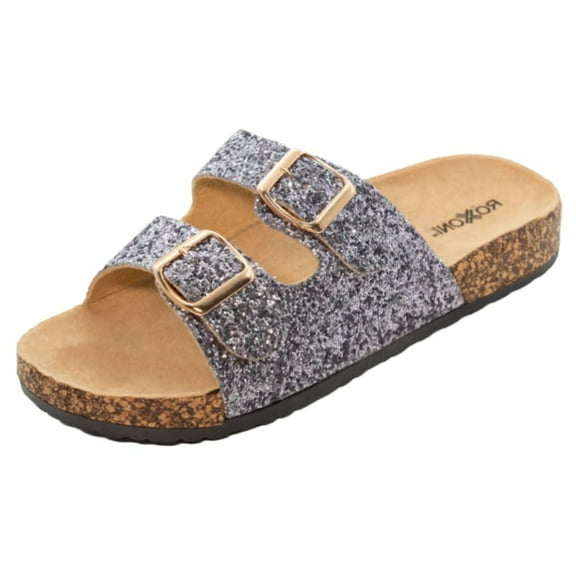 Roxoni Women's Gliters Comfort Flat Sandals Double Buckle Adjustable Straps Flat Slides Footbed Suede