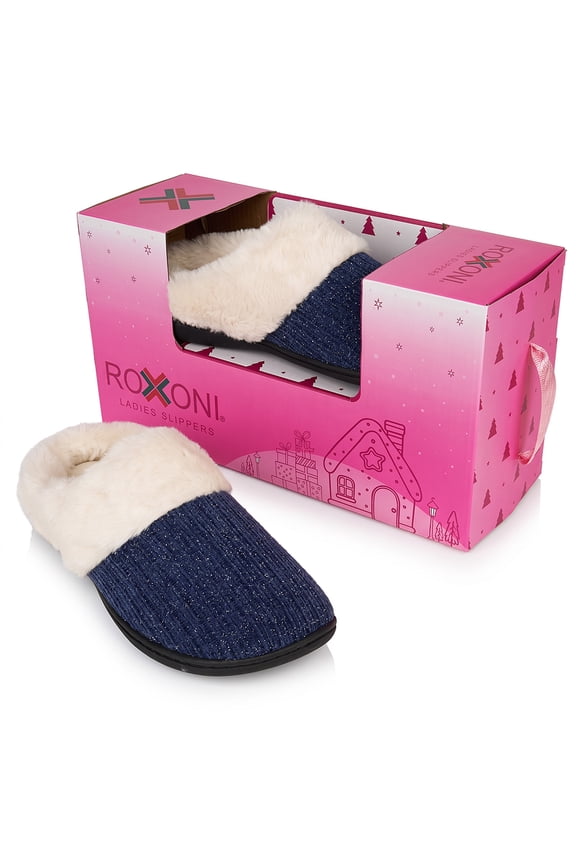 Women’s Glitter Sparkle Ribbed Knit Clog Slippers – Memory Foam House Shoes with Plush Faux Fur Collar & Gift Box for Christmas & Holiday Gifts