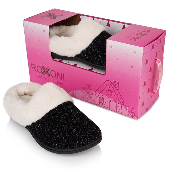 Roxoni Women’s Glitter Sparkle Ribbed Knit Clog Slippers – Memory Foam House Shoes with Plush Faux Fur Collar & Gift Box for Christmas & Holiday Gifts