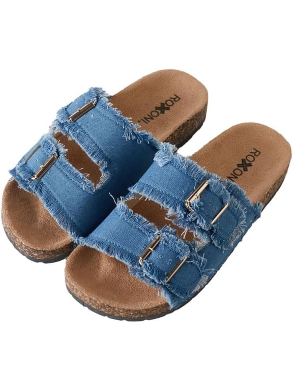 Women's Comfort Flat Sandals Double Buckle Adjustable Straps Flat Slides Footbed Suede