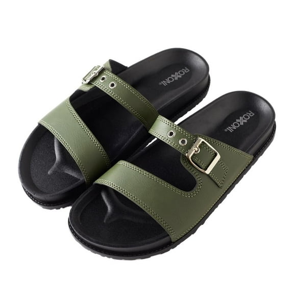 Roxoni Women's Open Toe Adjustable Strap Slide Sandals - Comfortable Slip-Ons with Padded Insole