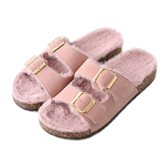 Roxoni Women's Open Toe Feather Slipper with Adjustable Double Buckle Cozy Cork Slide Sandal