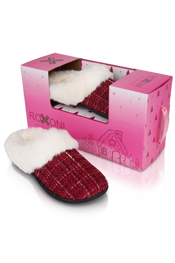 Women’s Plaid Tweed Clog Slippers – Memory Foam House Shoes with Faux Fur Collar & Gift Box for Christmas & Holiday Gifts
