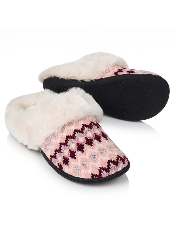 Women's Soft Fair Isle Knit Clog Slippers with Faux Fur Collar