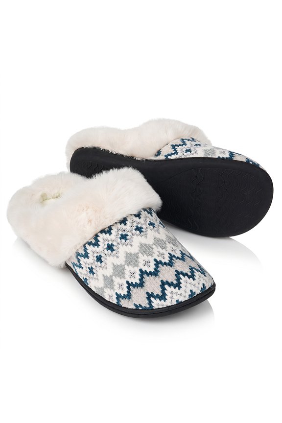 Women's Soft Fair Isle Knit Clog Slippers with Faux Fur Collar