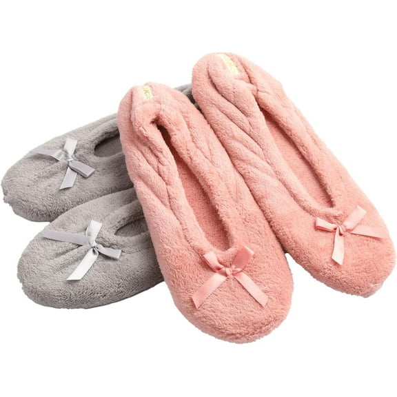Roxoni Women's Terry Classic Cotton & Velour Ballerina Slippers Pack of 2 - Grey/Pink - 8.5-9