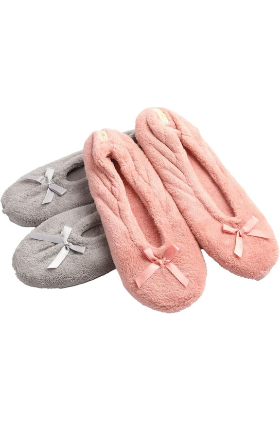 Women's Terry Classic Cotton & Velour Ballerina Slippers Pack of 2 - Grey/Pink - 8.5-9