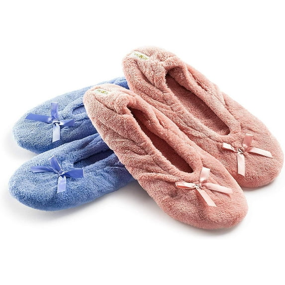 Roxoni Women's Terry Classic Cotton & Velour Ballerina Slippers Pack of 2 (runs small, size up)