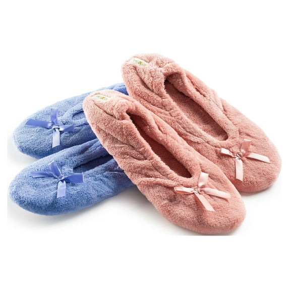 Roxoni Women's Terry Classic Cotton & Velour Ballerina Slippers Pack of 2 (runs small, size up)