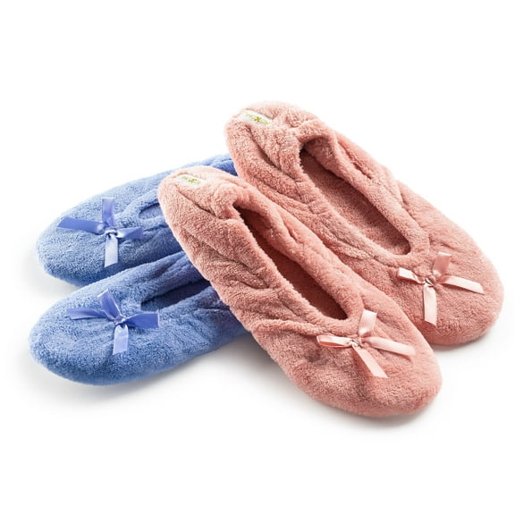 Roxoni Women's Terry Classic Cotton & Velour Ballerina Slippers Pack of 2 (runs small, size up)