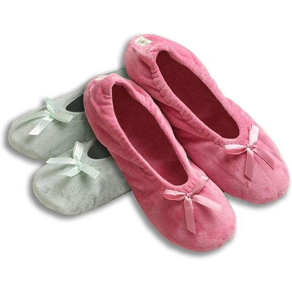 Roxoni Women's Terry Classic Cotton & Velour Ballerina Slippers Pack of 2