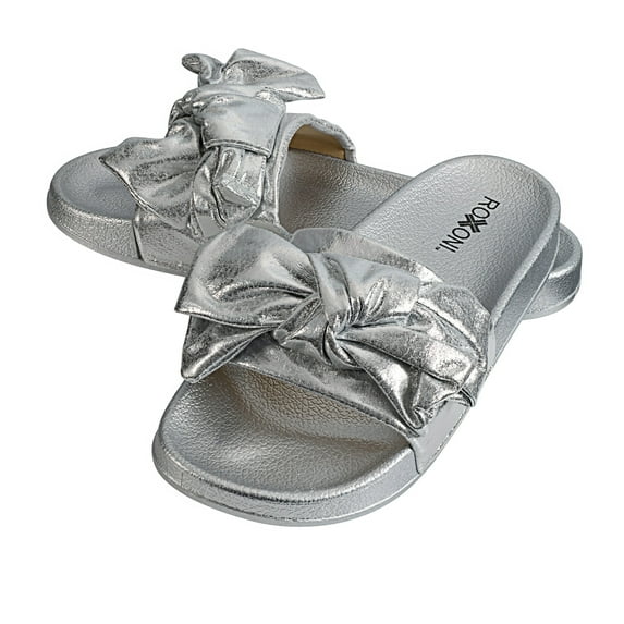 Roxoni Womens Bow Tie Sandal Open Toe Summer Slide Slipper -Great for Indoor/Outdoor Silver