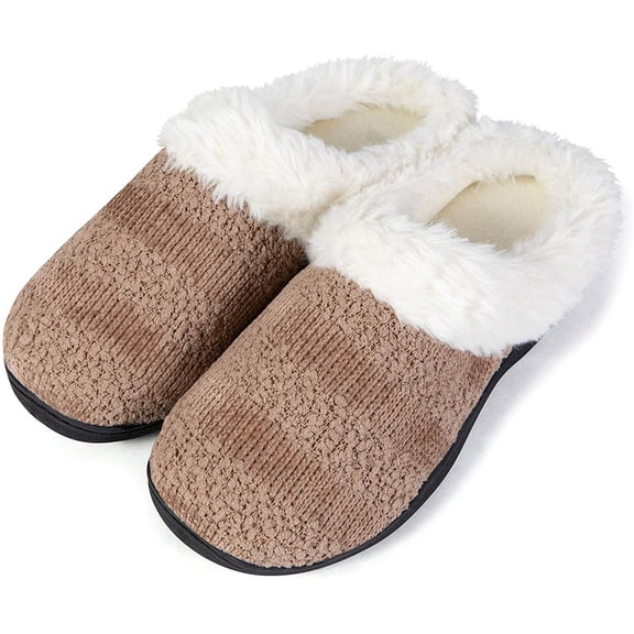 Roxoni Womens Cozy Memory Foam Slippers, Fuzzy Warm Faux Fur, Indoor Outdoor Rubber Sole Beige
