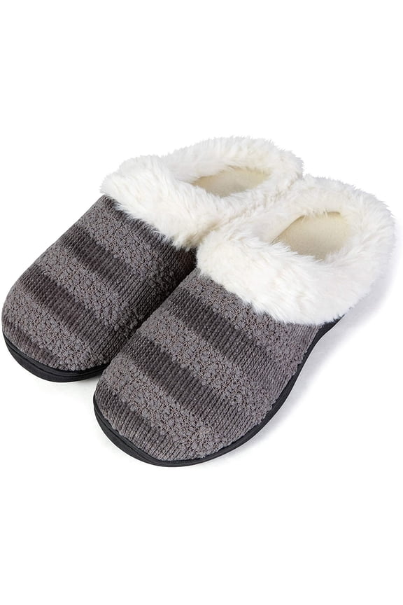 Womens Cozy Memory Foam Slippers, Fuzzy Warm Faux Fur, Indoor Outdoor Rubber Sole Light Grey