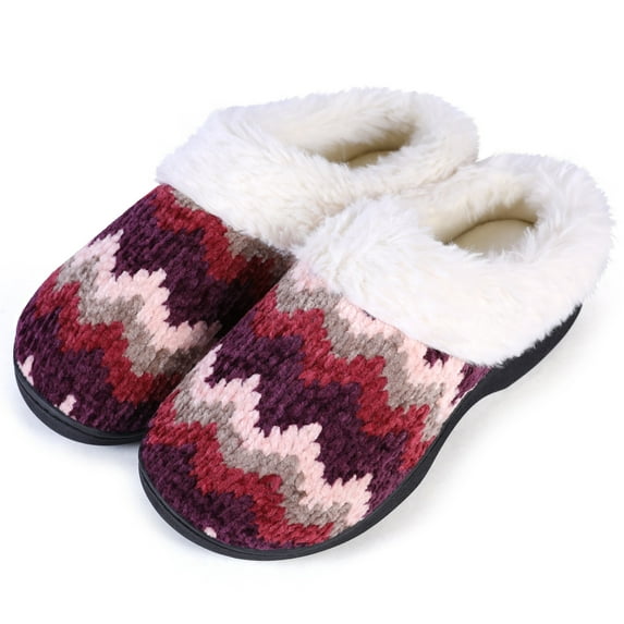 Roxoni Womens Cozy Memory Foam Slippers, Fuzzy Warm Faux Fur Lined, Indoor Outdoor Rubber Sole Maroon