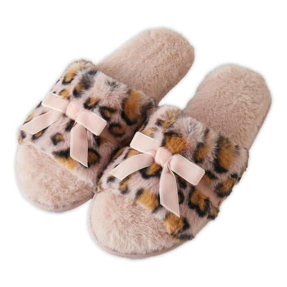 Roxoni Womens Fuzzy Leopard Print Slippers with Bow Cozy Plush Indoor House Slides, Soft Memory Foam, Non-Slip Sole