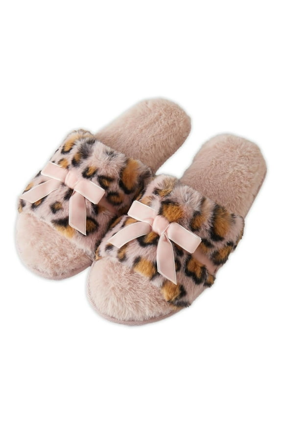 Womens Fuzzy Leopard Print Slippers with Bow Cozy Plush Indoor House Slides, Soft Memory Foam, Non-Slip Sole