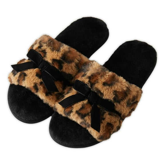 Roxoni Womens Fuzzy Leopard Print Slippers with Bow  Cozy Plush Indoor House Slides, Soft Memory Foam, Non-Slip Sole