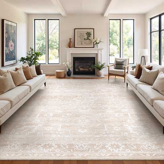 Roxstand 10'x14' Vintage Floral Area Rug, Stain Resistant Washable Non-Slip Low Pile Farmhouse Carpet for Living Room Bedroom, Beige