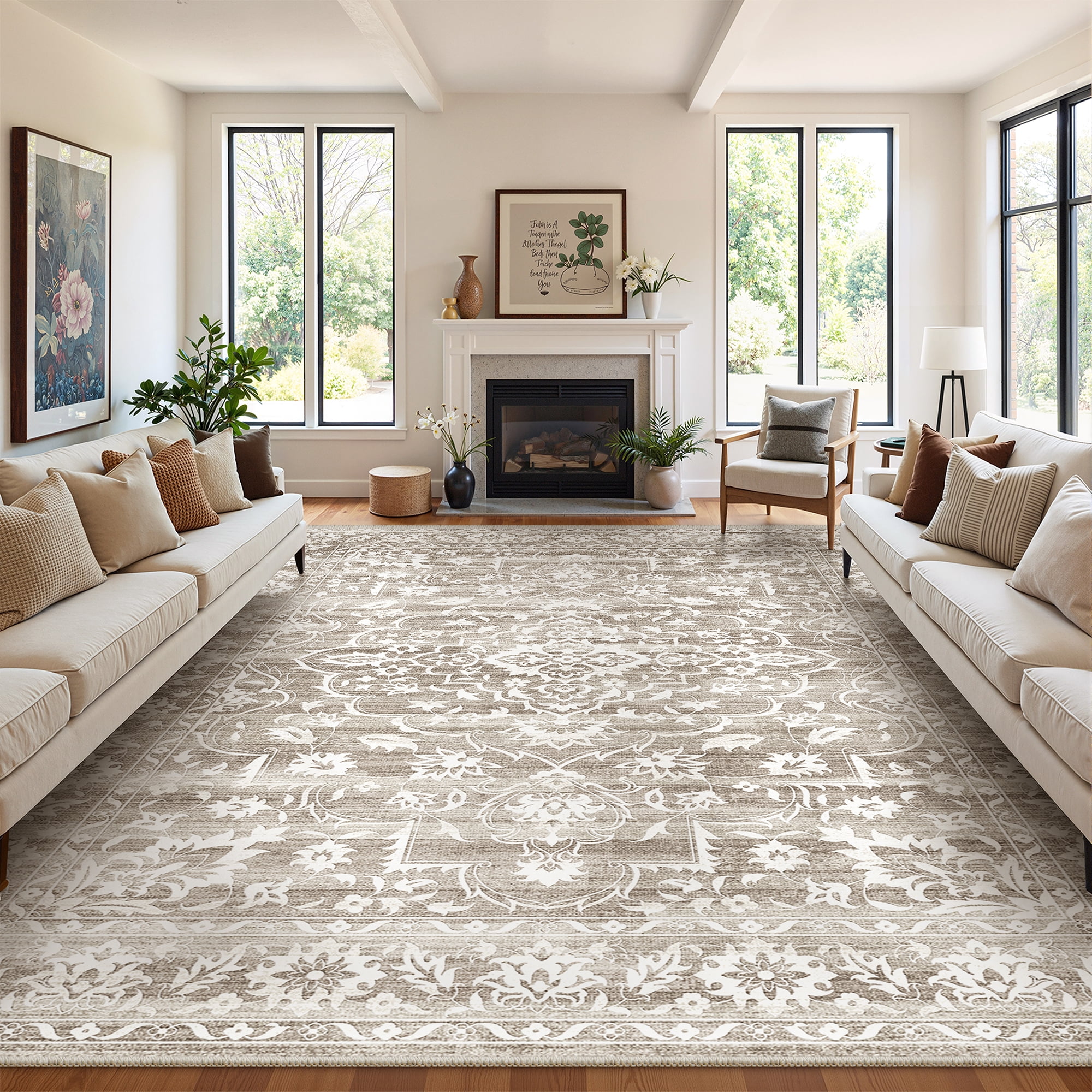 Roxstand 10x14 Area Rugs for Living Room, Stain Resistant Floral Vintage Washable Rugs, Non-Slip Thin Farmhouse Brown Rugs(10'x14', Brown)