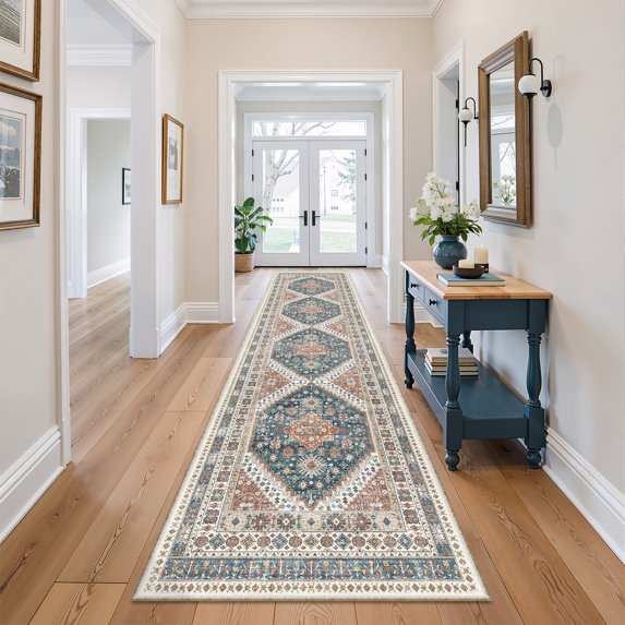Roxstand 2'x10' Washable Runner Rug for Hallway Entrance Bedroom Entryway, Vintage Oriental Non Slip Stain Resistant Kitchen Rugs, Blue
