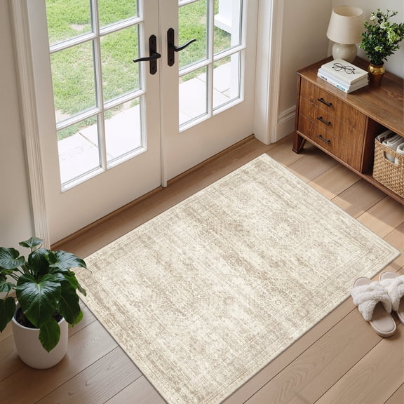 Roxstand 2'x3' Washable Kitchen Rug, Vintage Distressed Entryway Small Accent Throw Rugs, Non Slip Stain Resistant Farmhouse Rug, Beige