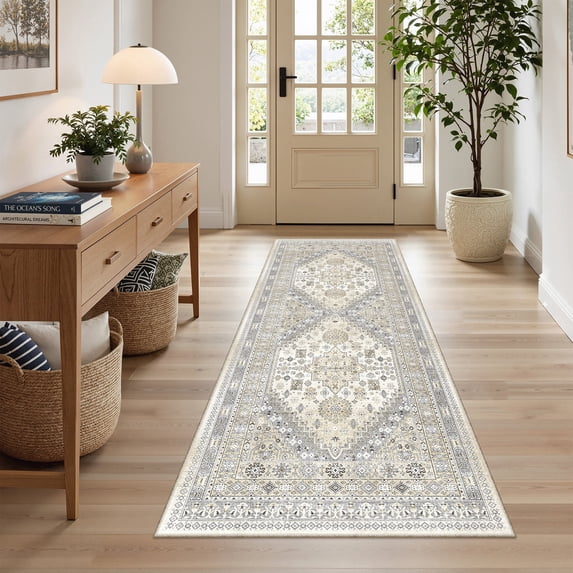 Roxstand 2'x6' Washable Runner Rug for Hallway Entrance Bedroom Entryway, Vintage Oriental Non Slip Stain Resistant Kitchen Rugs, Beige