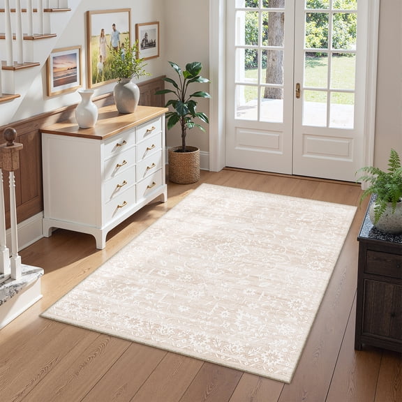 Roxstand 3x5 Area Rugs for Living Room, Stain Resistant Floral Vintage Washable Rugs, Non-Slip Thin Farmhouse Beige Rugs(3'x5', Beige)