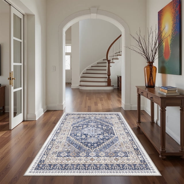 Roxstand 3x5 Area Rugs for Living Room, Vintage Large Area Rug, Non-Slip Backing Washable Rug, Stain Resistant Home Decor Rug (3'x5', Blue)