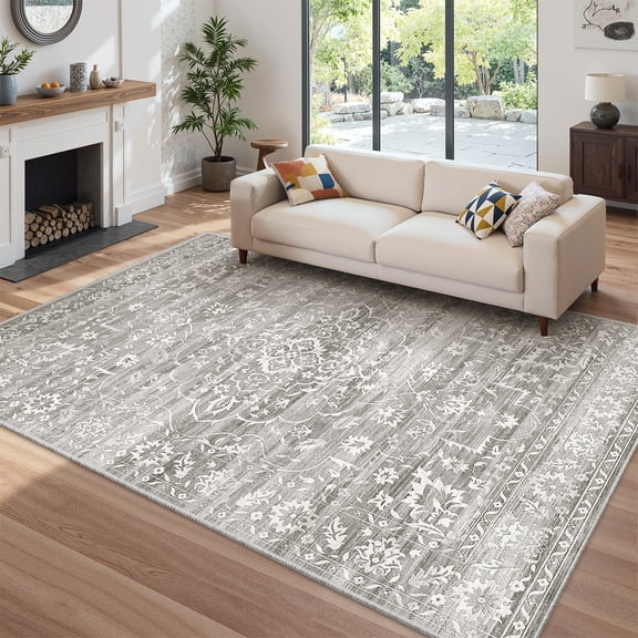 Roxstand 5x7 Area Rugs for Living Room, Stain Resistant Floral Vintage Washable Rugs, Non-Slip Thin Farmhouse Grey Rugs(5'x7', Grey)