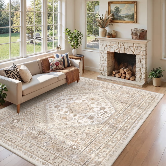 Roxstand 5x7 Area Rugs for Living Room, Vintage Large Area Rug, Non-Slip Backing Washable Rug, Stain Resistant Home Decor Rug (5'x7', Beige)