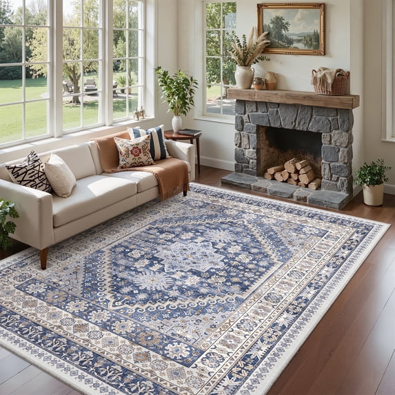 Roxstand 5x7 Area Rugs for Living Room, Vintage Large Area Rug, Non-Slip Backing Washable Rug, Stain Resistant Home Decor Rug (5'x7', Blue)