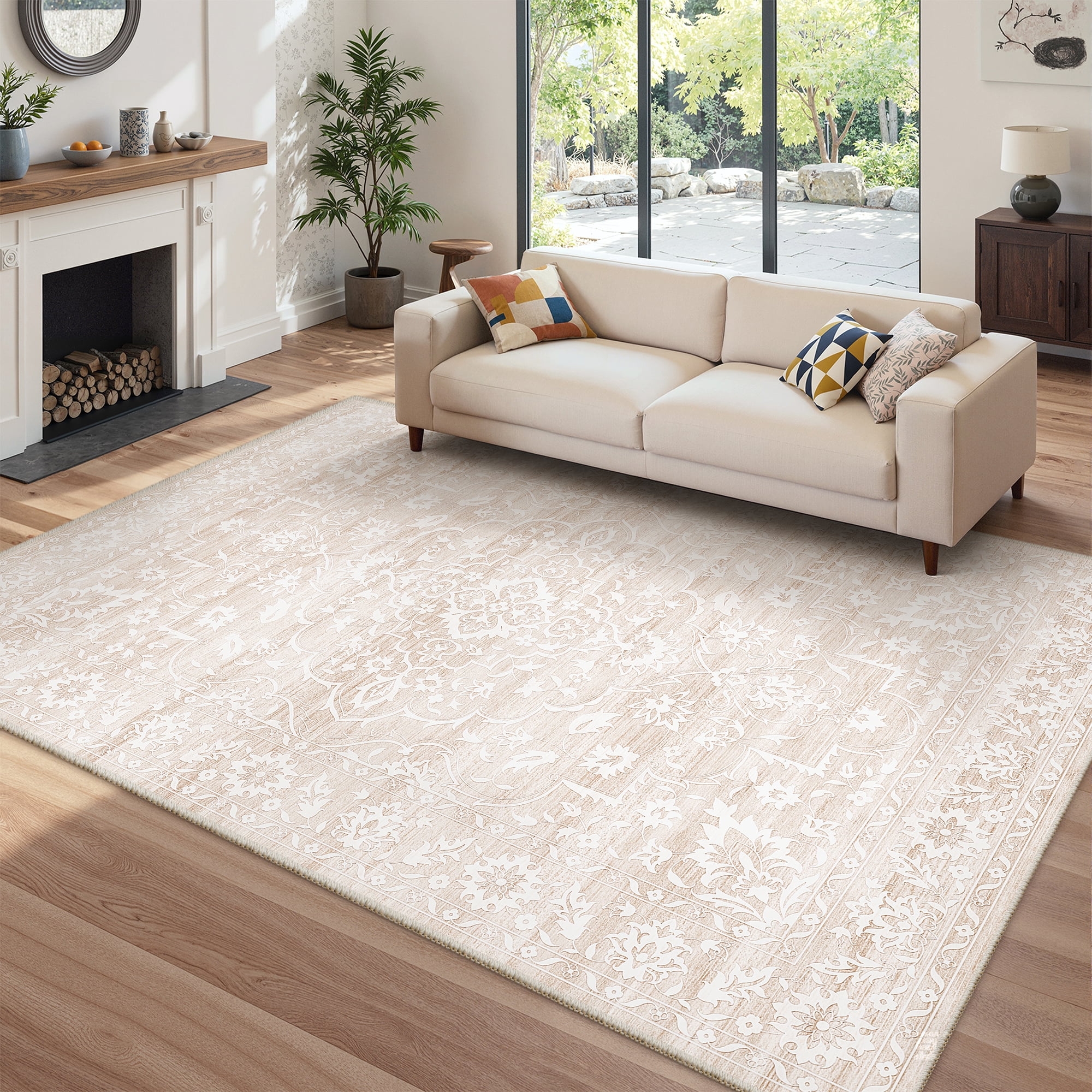 Roxstand 6x9 Area Rugs for Living Room, Stain Resistant Floral Vintage Washable Rugs, Non-Slip Thin Farmhouse Beige Rugs(6'x9', Beige)